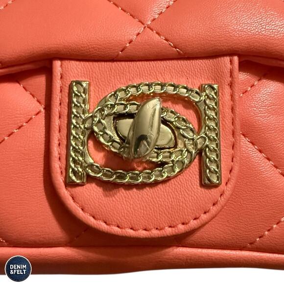 NEW bebe Wyatt Quilted Mini Shoulder Bag Salmon Orange Gold Chain Logo Charm - Picture 6 of 13